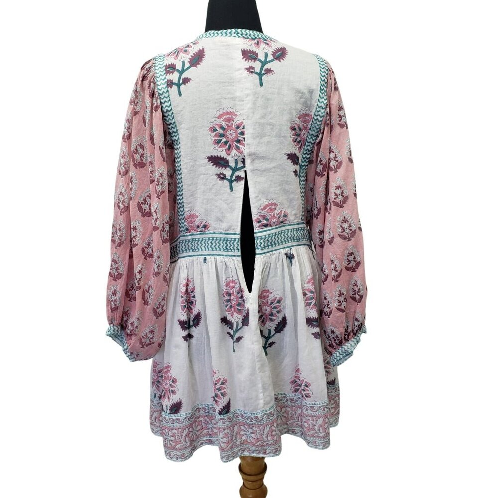 Oliphant Tie Front Balloon Sleeve Dress Pink Teal White Boho Block Print Floral - Picture 4 of 15